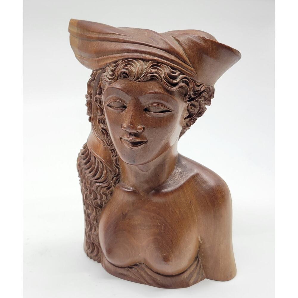 Vintage Bali Solid Carved Wooden Bust of a Young Woman Princess